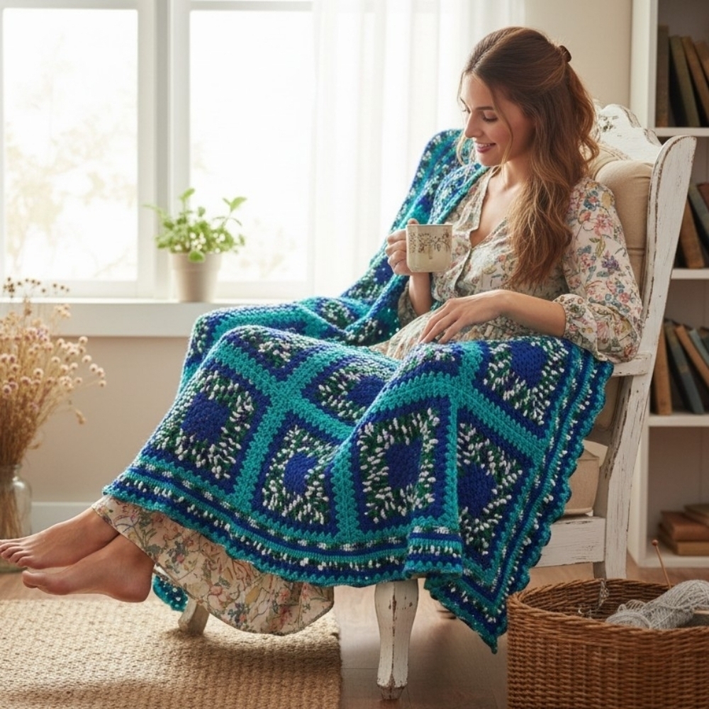Vintage Blue Crochet Granny Square Throw Blanket